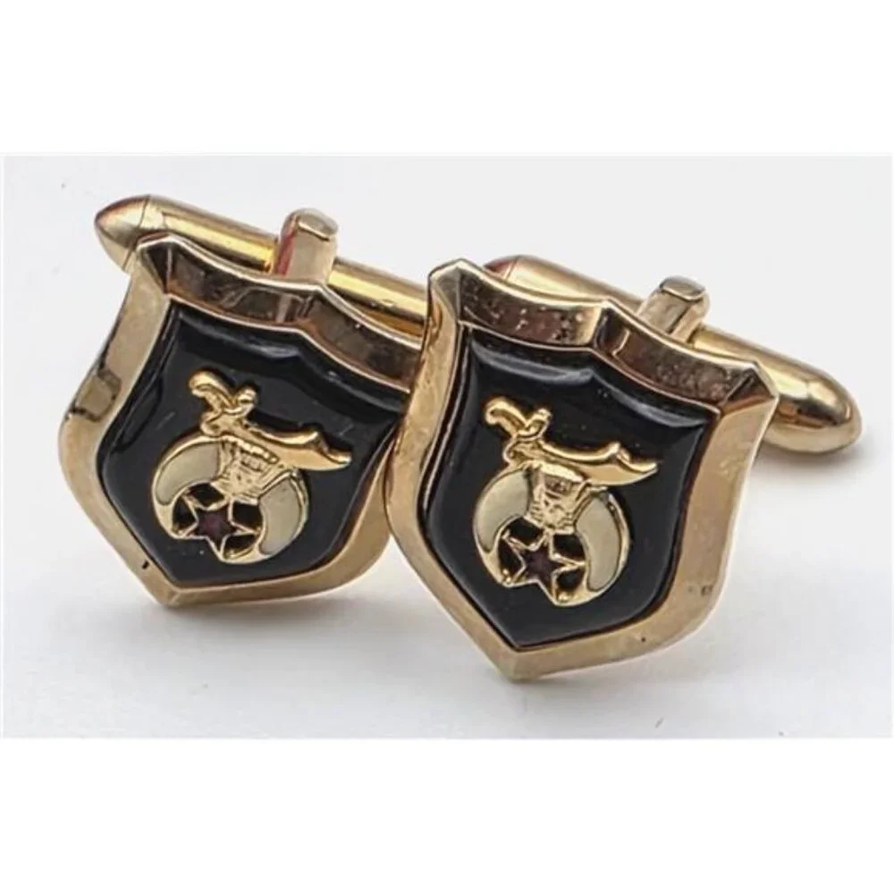 Swank Gold Tone Cufflinks Tie Bar Set Shriner Masonic Crescent Star Vintage